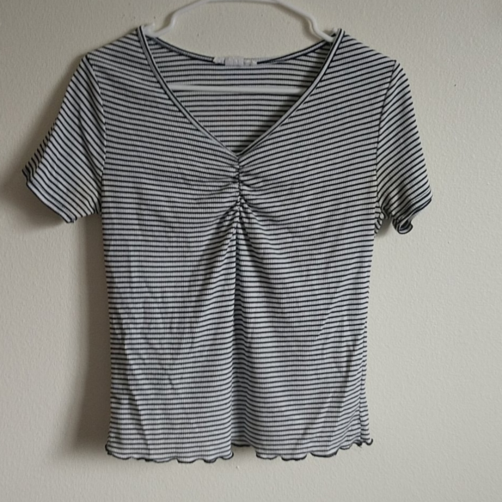 Black and white striped low v-neck